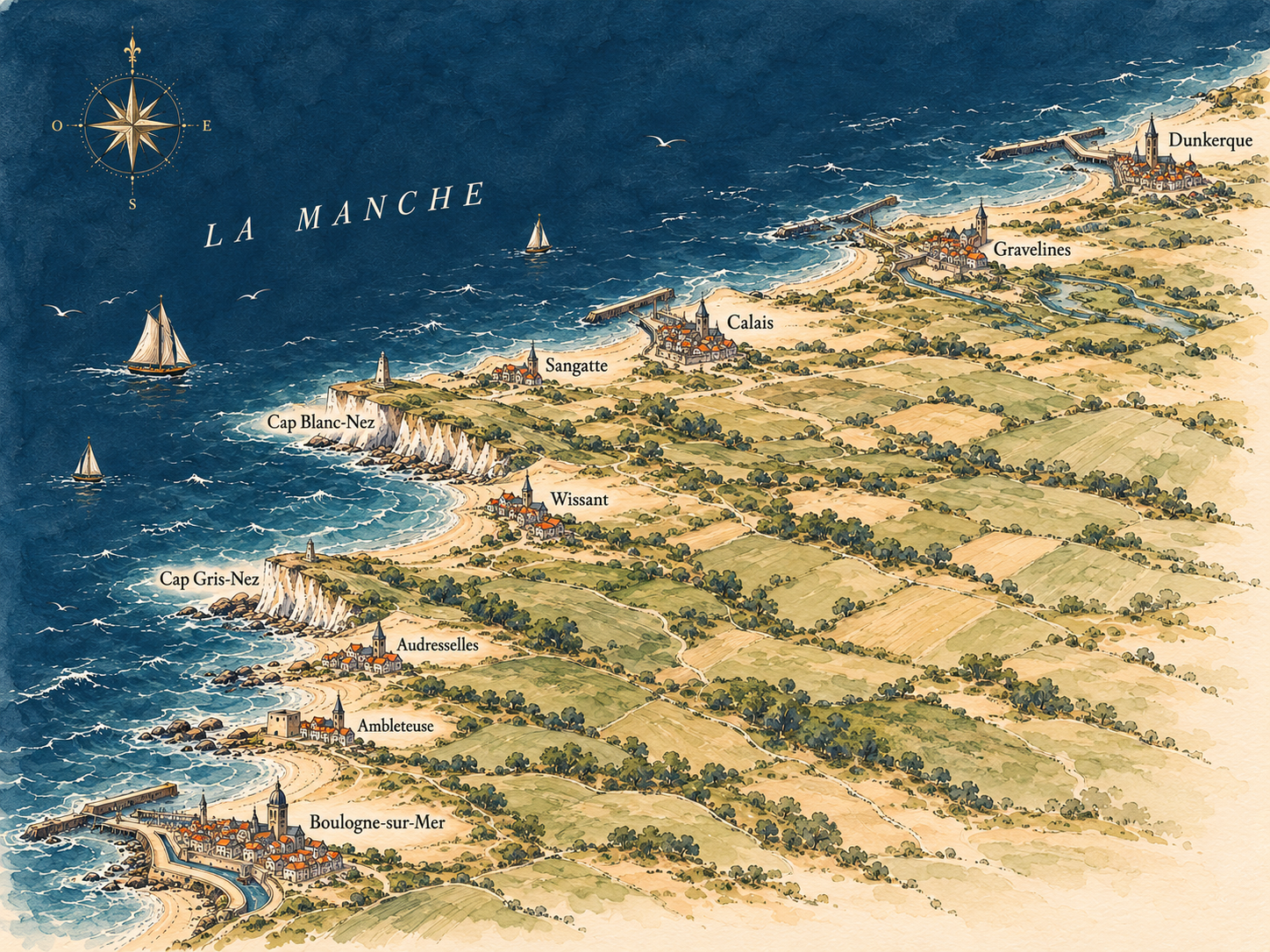 Illustration einer Küstenlandschaft an der Côte d’Opale