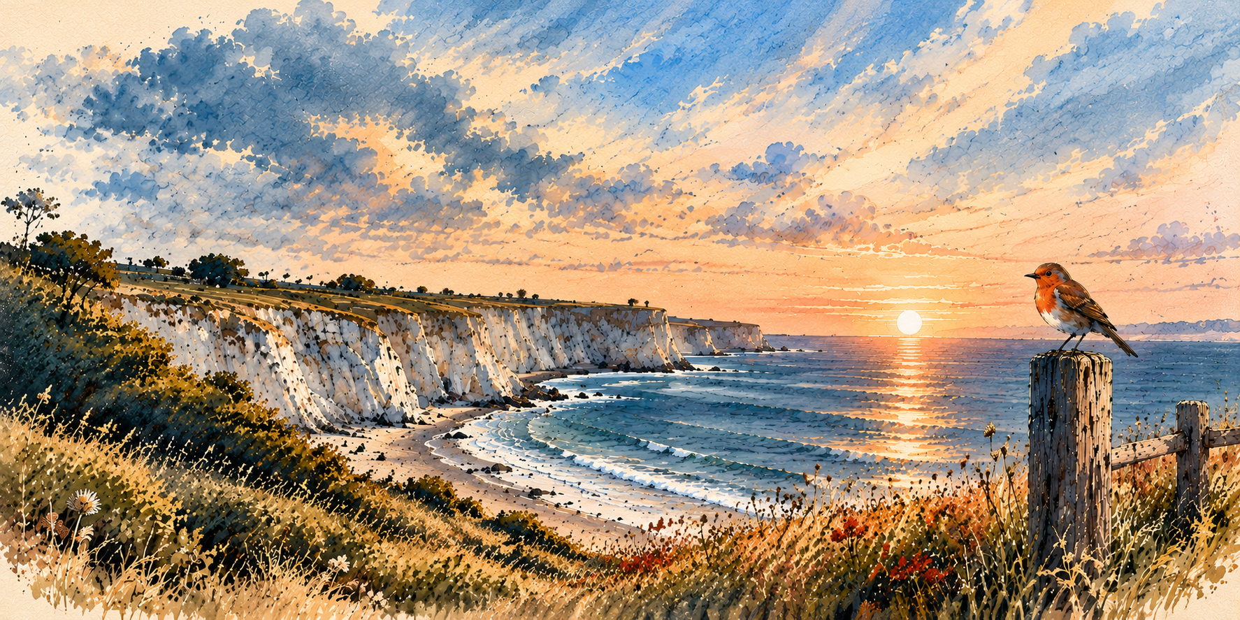 Illustration der Côte d’Opale mit Abendhimmel, Küste und Rotkehlchen