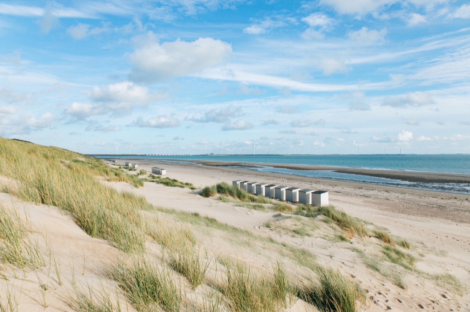 Dünen, Strandkabinen und Windräder in Zeeland