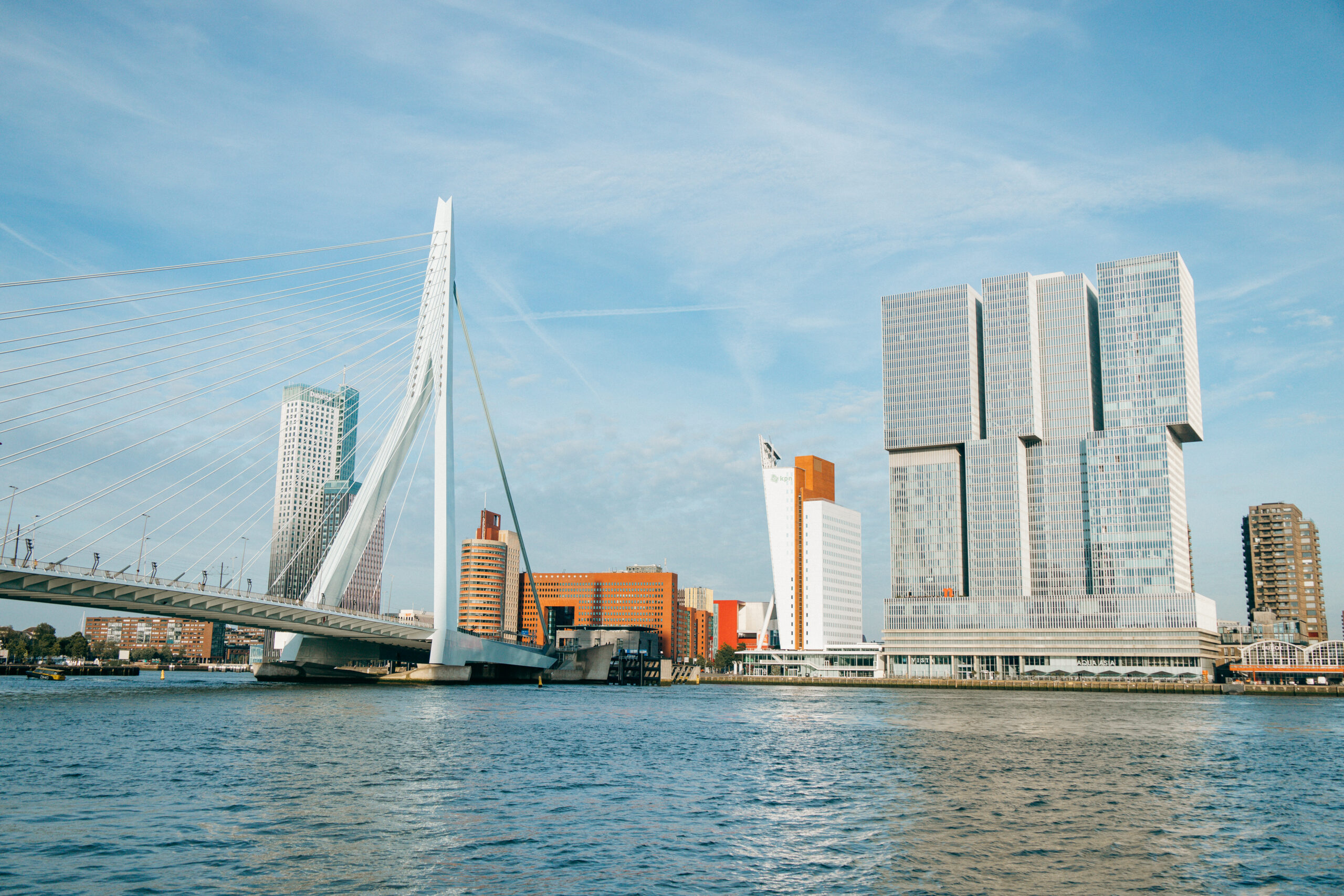 Erasmusbrücke und Skyline von Rotterdam über der Maas