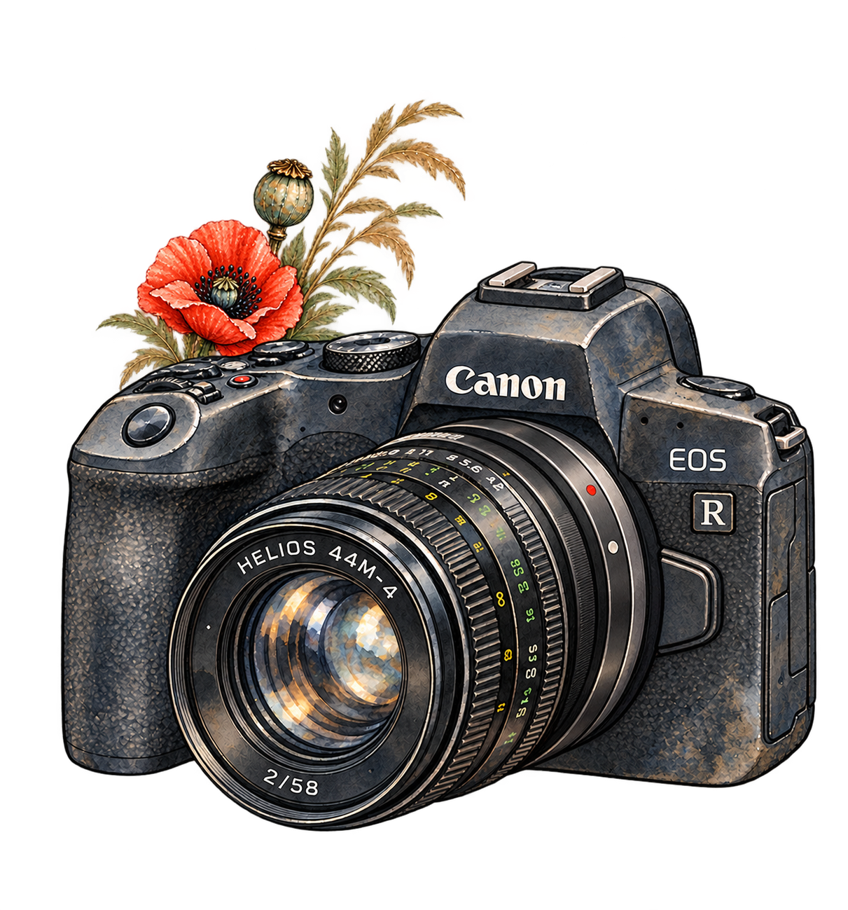 Illustration einer Canon EOS R mit Helios 44M-4 und Mohnblüten.